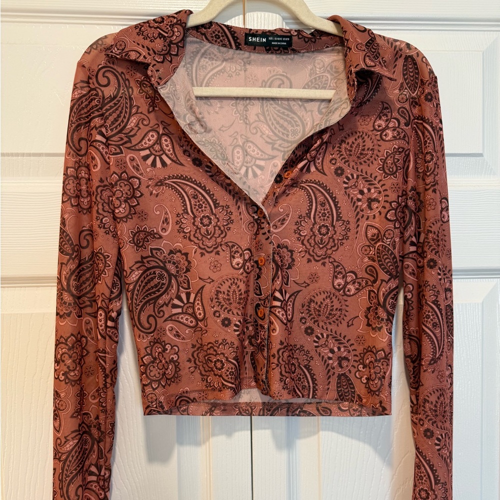 SHEIN Paisley Button Down Crop Top - Brown